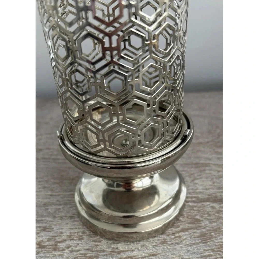 Vintage Cutout Ornate Silver Metal Candleholder Tea light Pillar Vase Decor